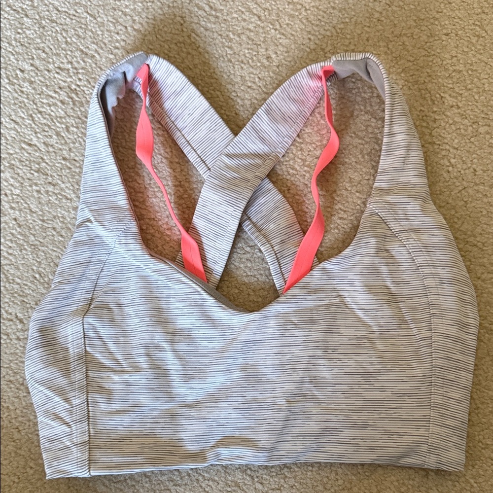 Striped Gray Sports Bra with Pink Accents